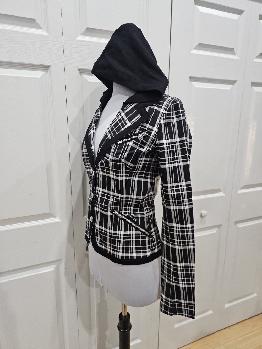 Rare Vintage Punk Goth Tripp NYC Black & White Plaid Snap Blazer Jacket Coat S - Picture 7 of 12